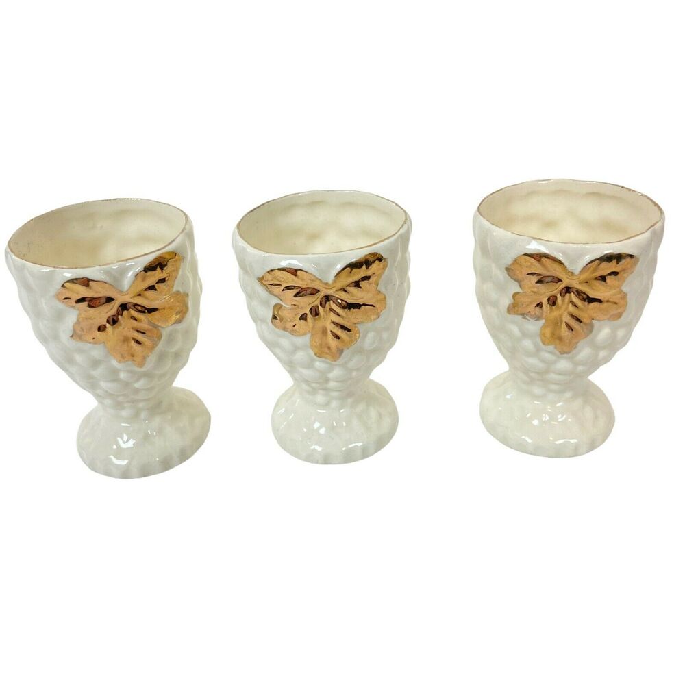 Egg Cups Vintage Japan Cream With Gold Leaves Thin Porcelain Set Of 3 2.5"x1.5"